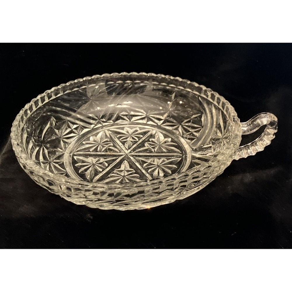 Vintage Anchor Hocking Nappy Cut Glass Stars & Bars Handled Candy Serving Dish